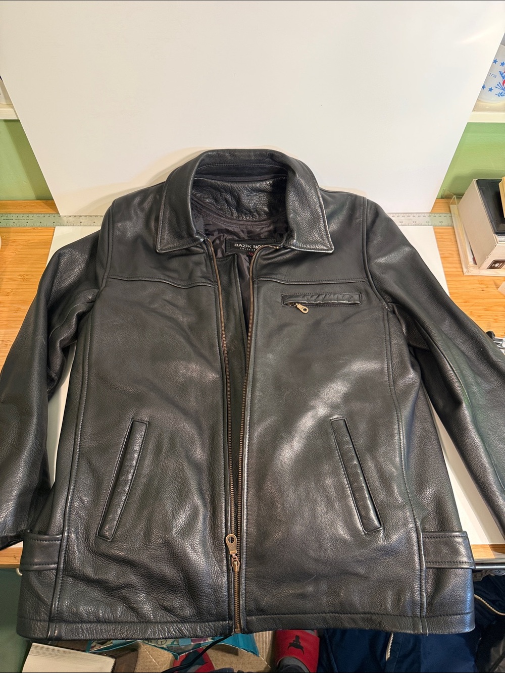 Men's Black Leather Zip-Up Jacket, Heavy and Thick